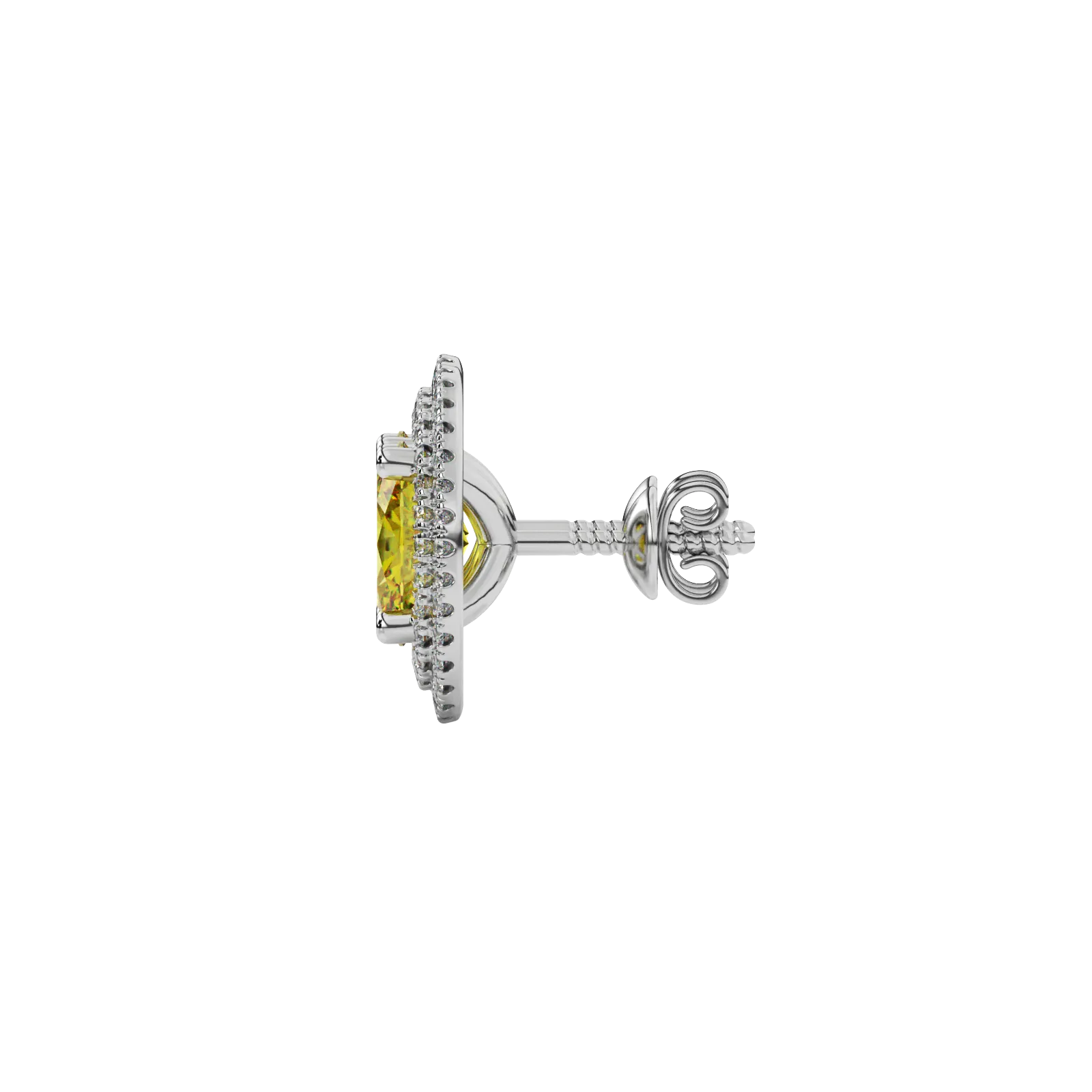 Side profile, white gold canary yellow earrings, falling edge halo gallery.