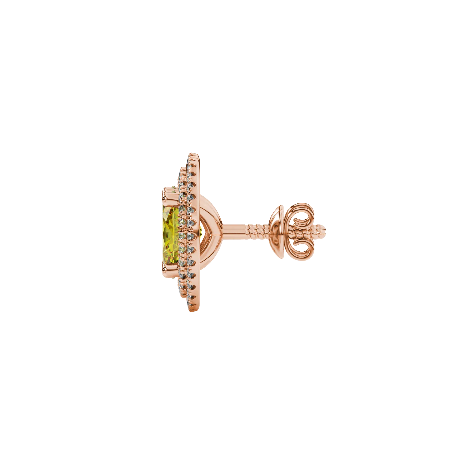 Side profile, rose gold canary yellow earrings, falling edge halo gallery.