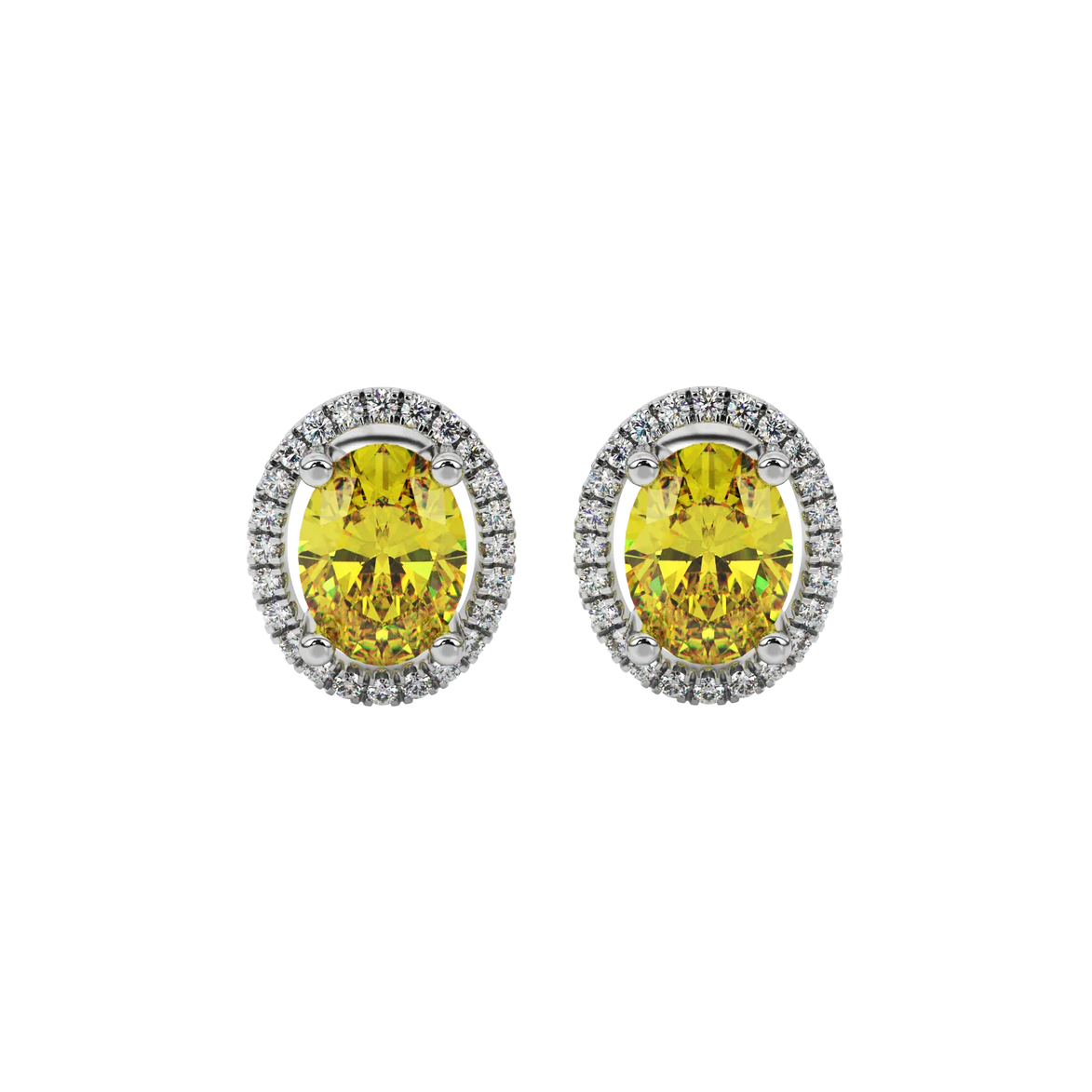 Oval cut canary yellow gemstone earrings, white gold french pavé halo setting.