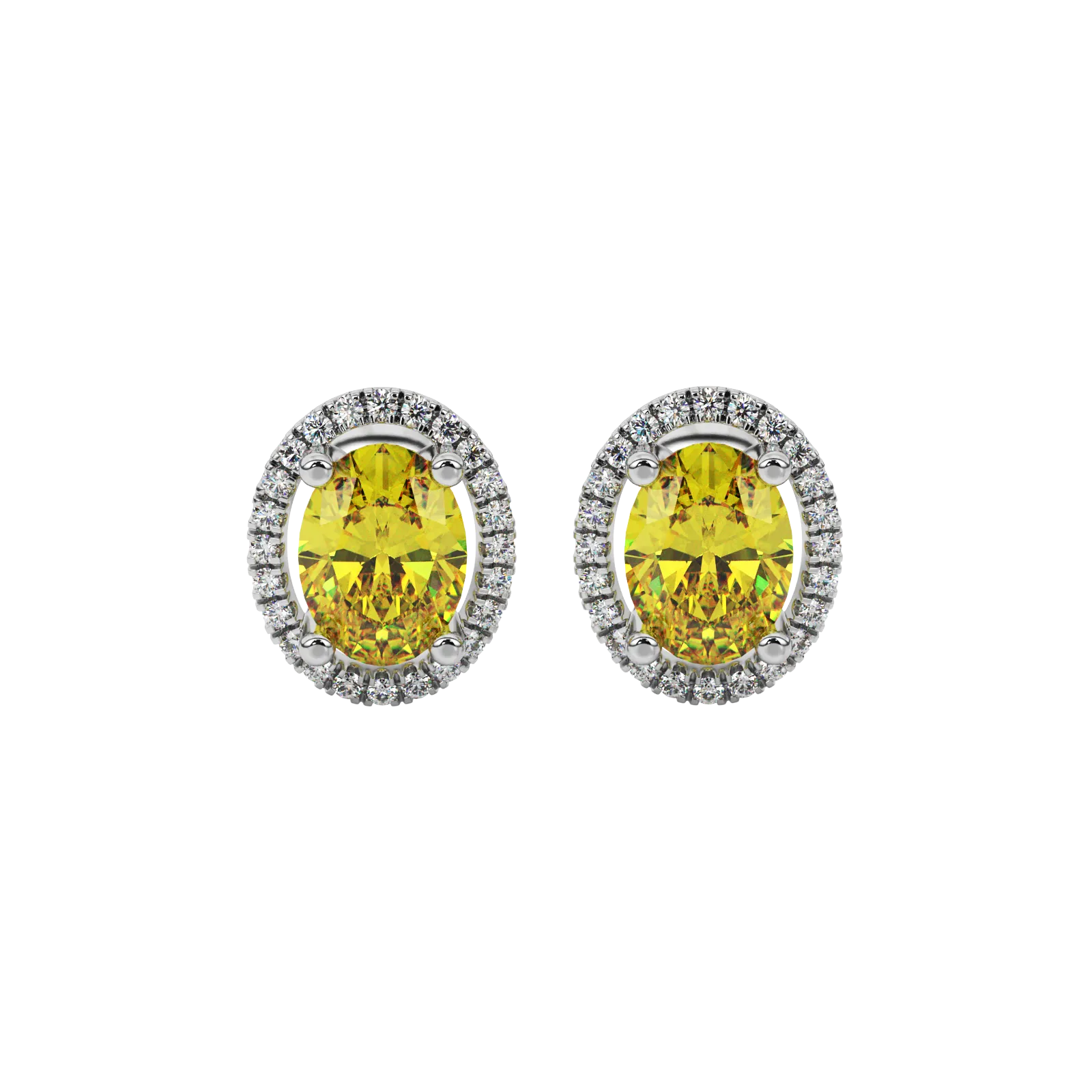 Oval cut canary yellow gemstone earrings, white gold french pavé halo setting.