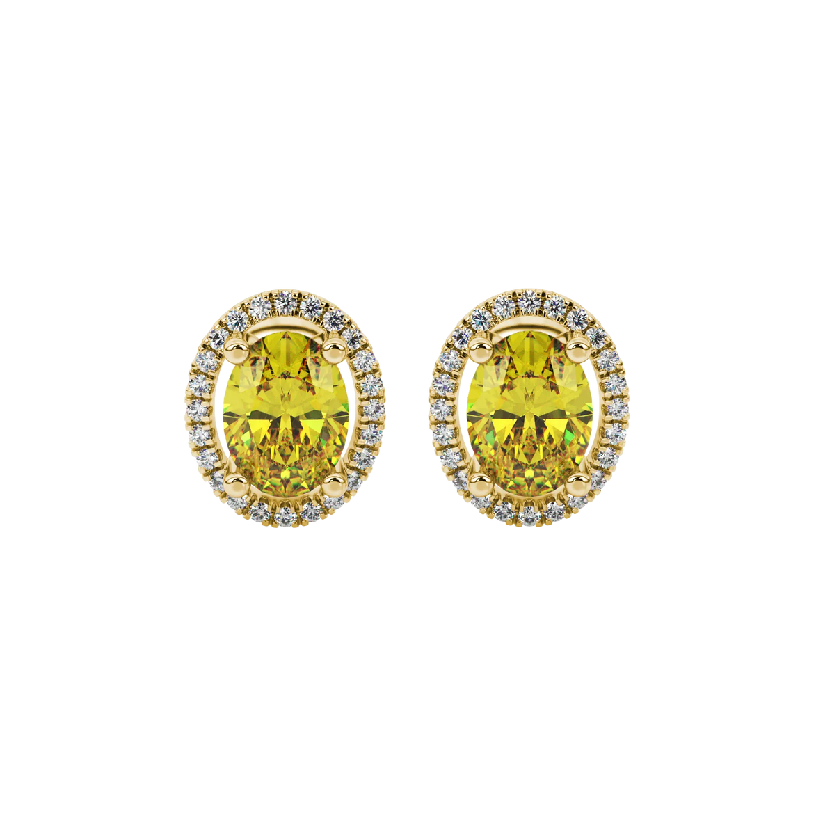 Oval cut canary yellow gemstone earrings, yellow gold french pavé halo setting.