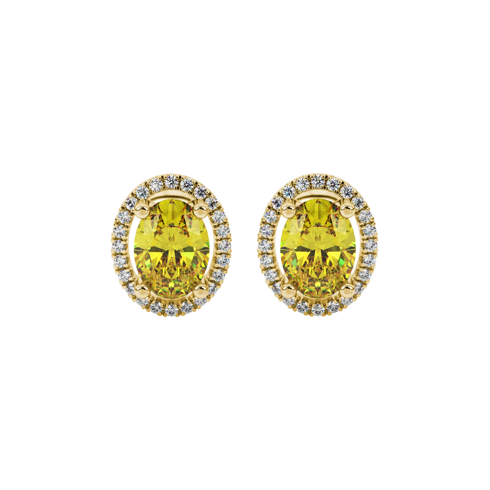 Oval cut canary yellow gemstone earrings, yellow gold french pavé halo setting.