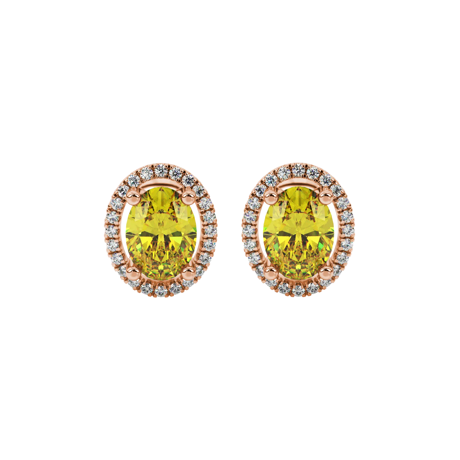 Oval cut canary yellow gemstone earrings, rose gold french pavé halo setting.