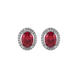 Oval cut raspberry red gemstone earrings, white gold french pavé halo setting.