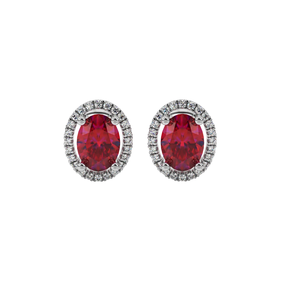 Oval cut raspberry red gemstone earrings, white gold french pavé halo setting.