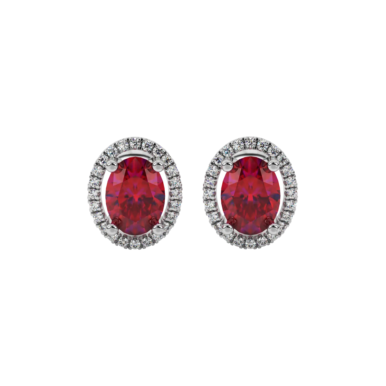 Oval cut raspberry red gemstone earrings, white gold french pavé halo setting.