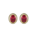 Oval cut raspberry red gemstone earrings, yellow gold french pavé halo setting.