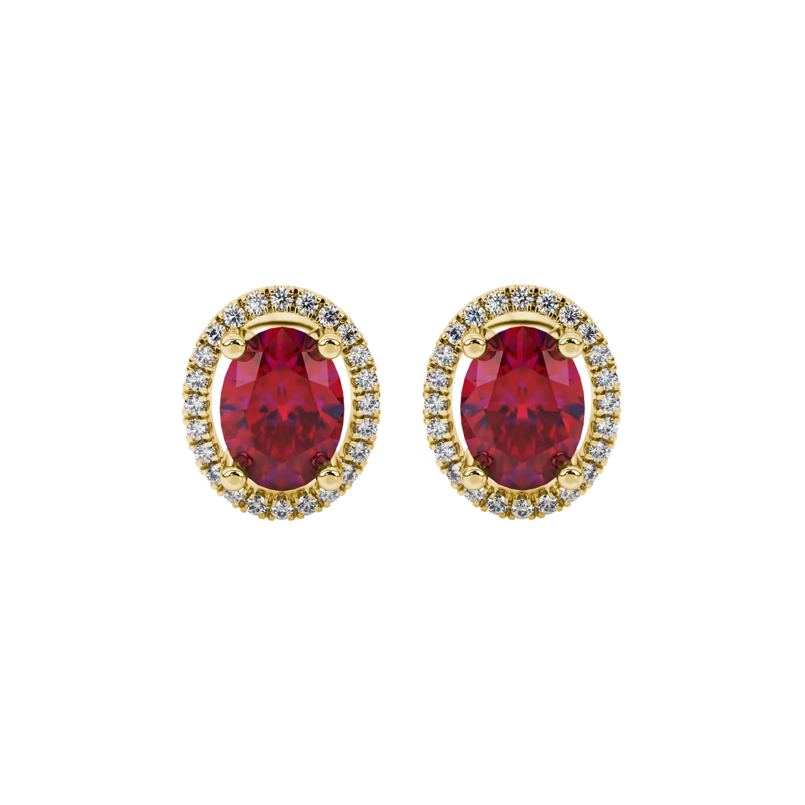 Oval cut raspberry red gemstone earrings, yellow gold french pavé halo setting.