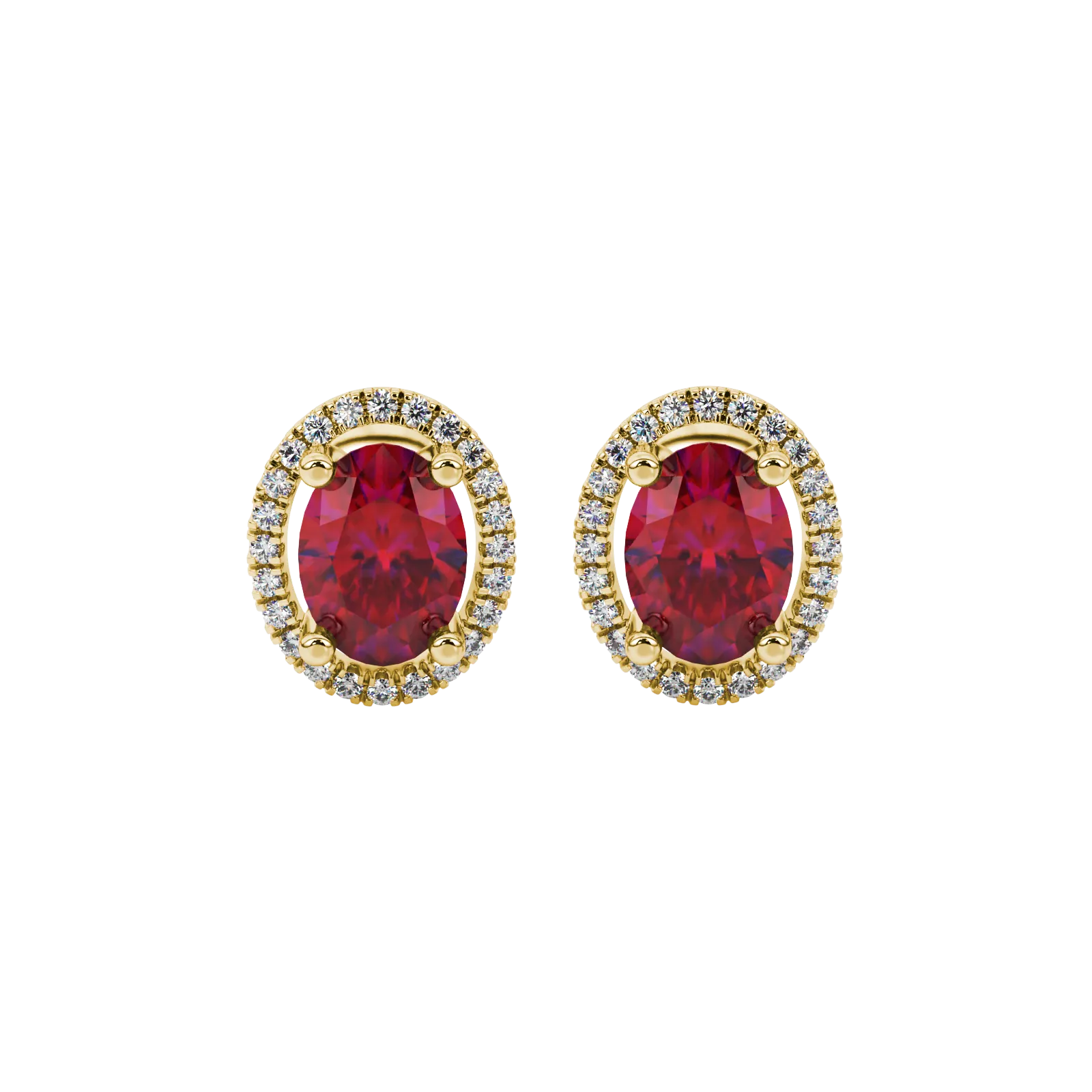 Oval cut raspberry red gemstone earrings, yellow gold french pavé halo setting.