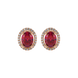 Oval cut raspberry red gemstone earrings, rose gold french pavé halo setting.