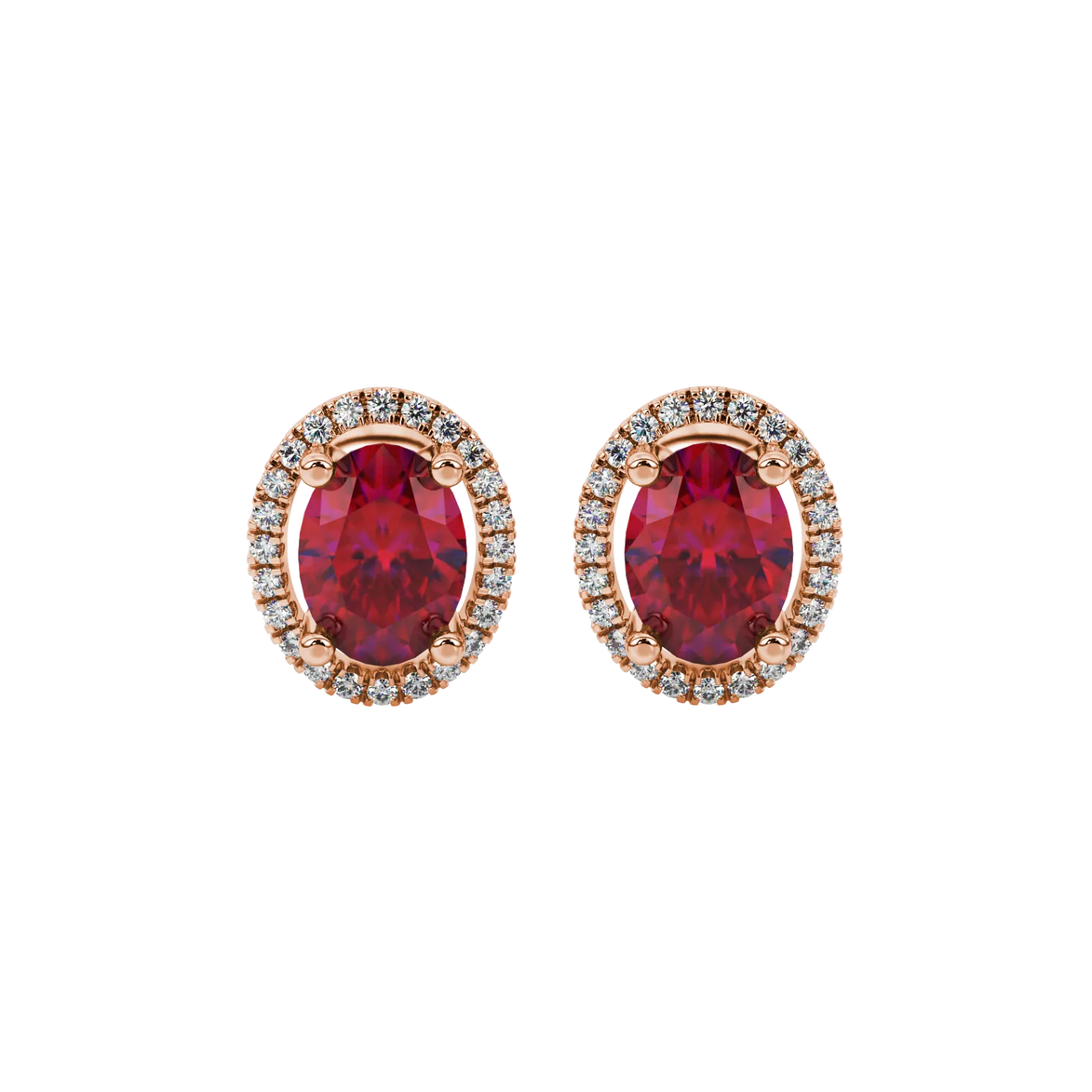 Oval cut raspberry red gemstone earrings, rose gold french pavé halo setting.