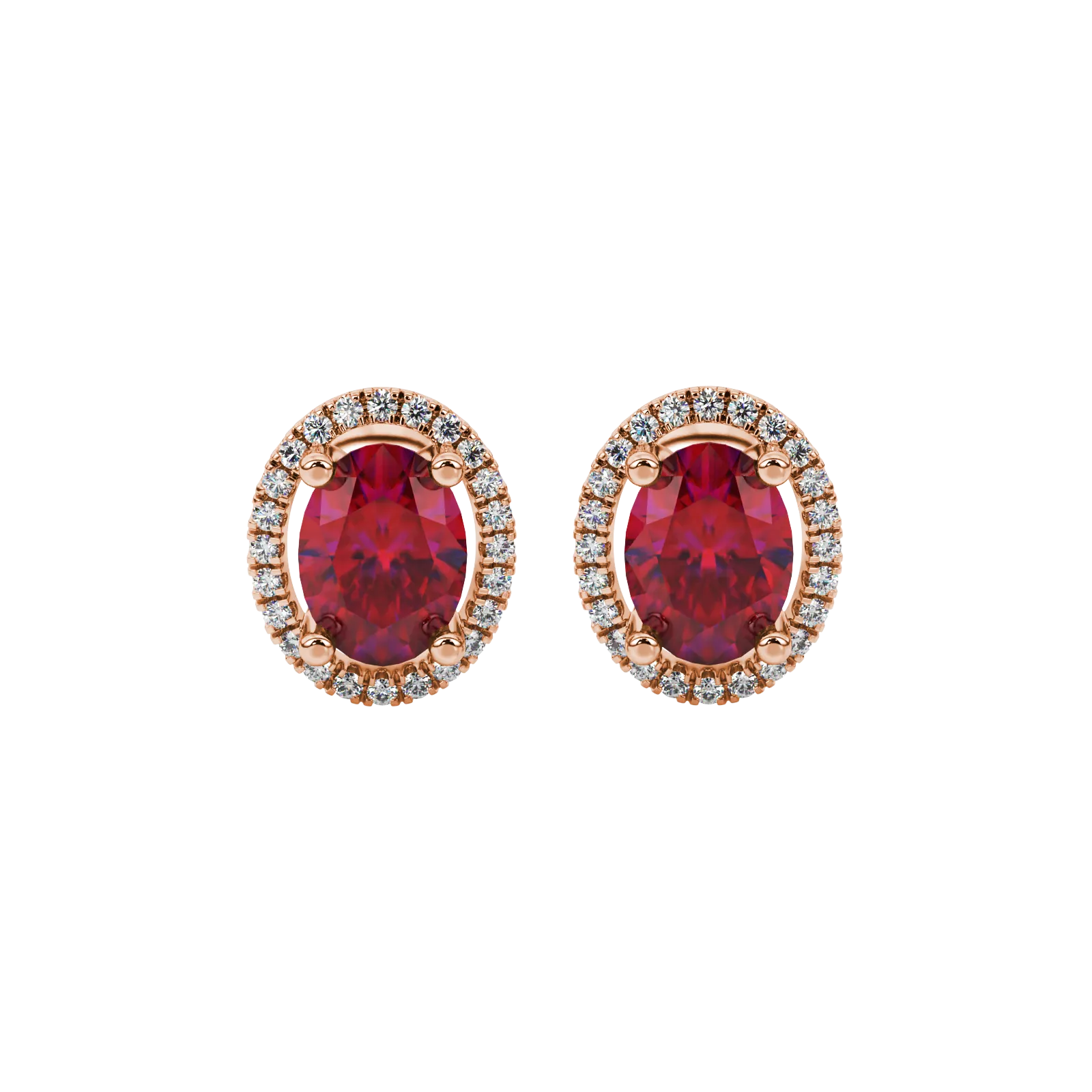 Oval cut raspberry red gemstone earrings, rose gold french pavé halo setting.