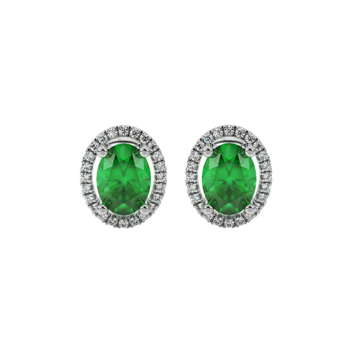 Oval cut emerald green gemstone earrings, white gold french pavé halo setting.