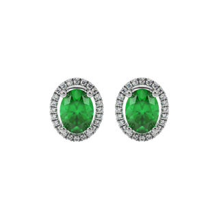 Oval cut emerald green gemstone earrings, white gold french pavé halo setting.