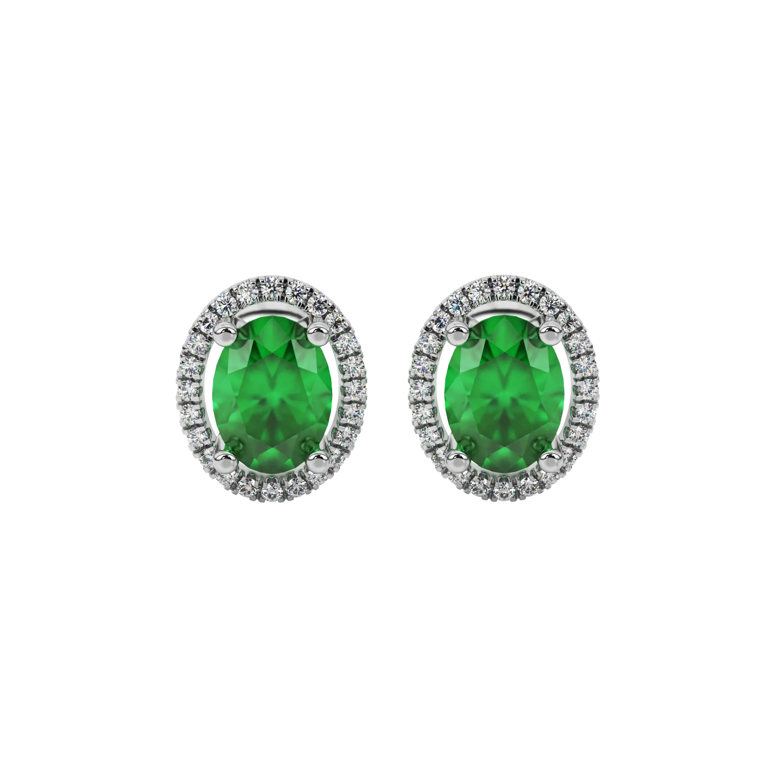 Oval cut emerald green gemstone earrings, white gold french pavé halo setting.