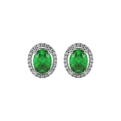 Oval cut emerald green gemstone earrings, white gold french pavé halo setting.
