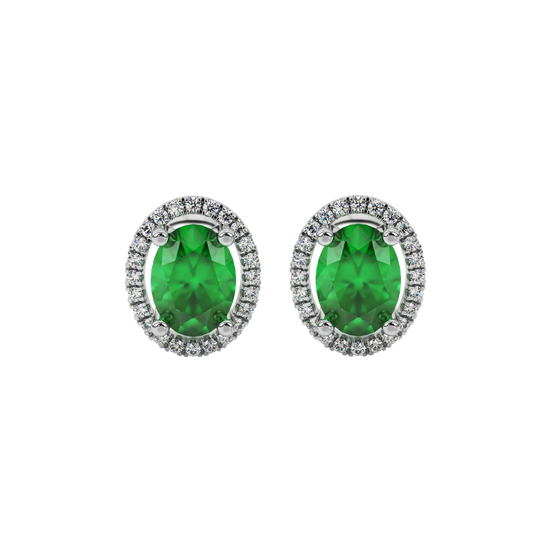 Oval cut emerald green gemstone earrings, white gold french pavé halo setting.
