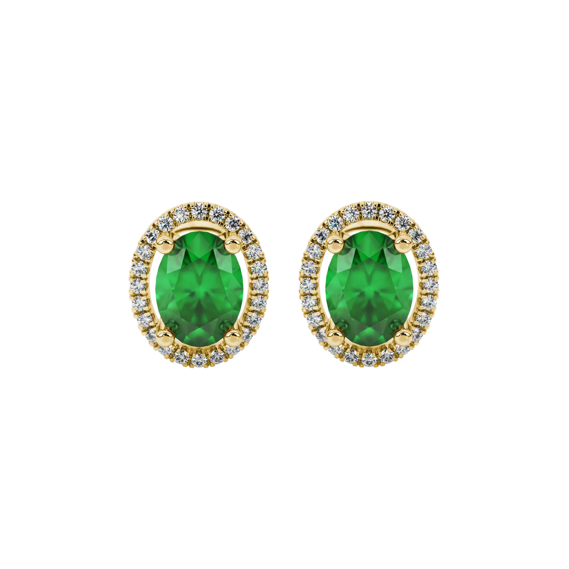 Oval cut emerald green gemstone earrings, yellow gold french pavé halo setting.