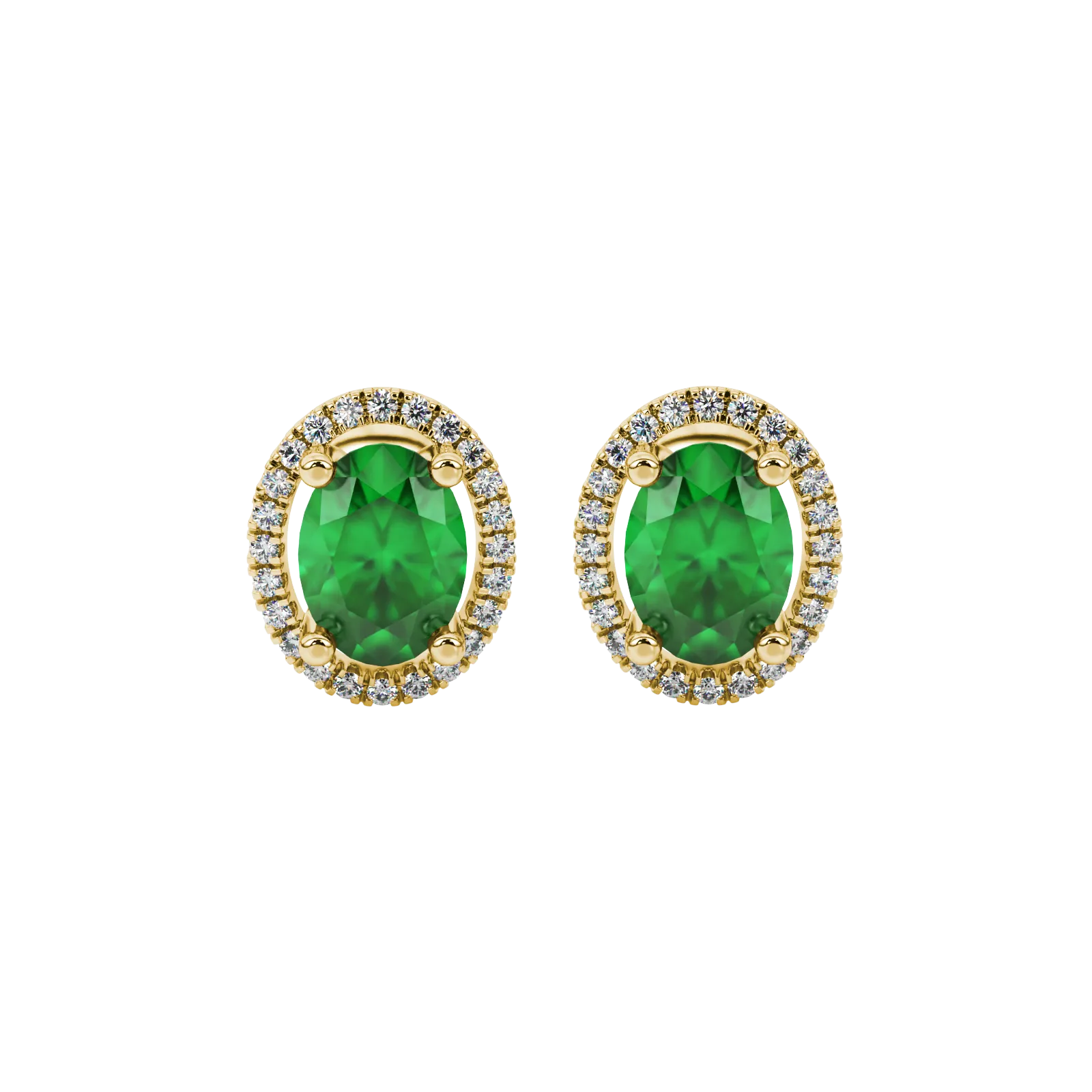 Oval cut emerald green gemstone earrings, yellow gold french pavé halo setting.