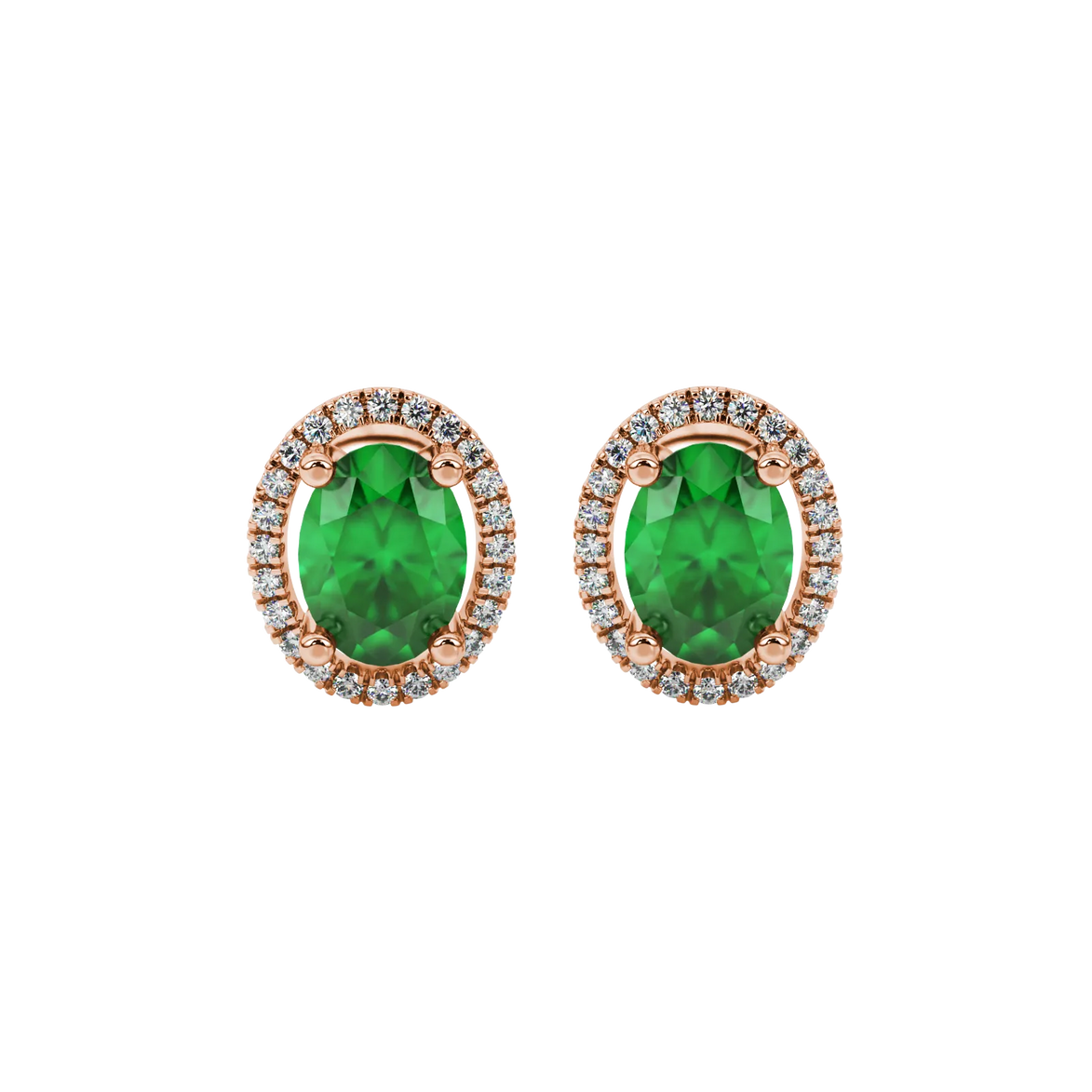 Oval cut emerald green gemstone earrings, rose gold french pavé halo setting.