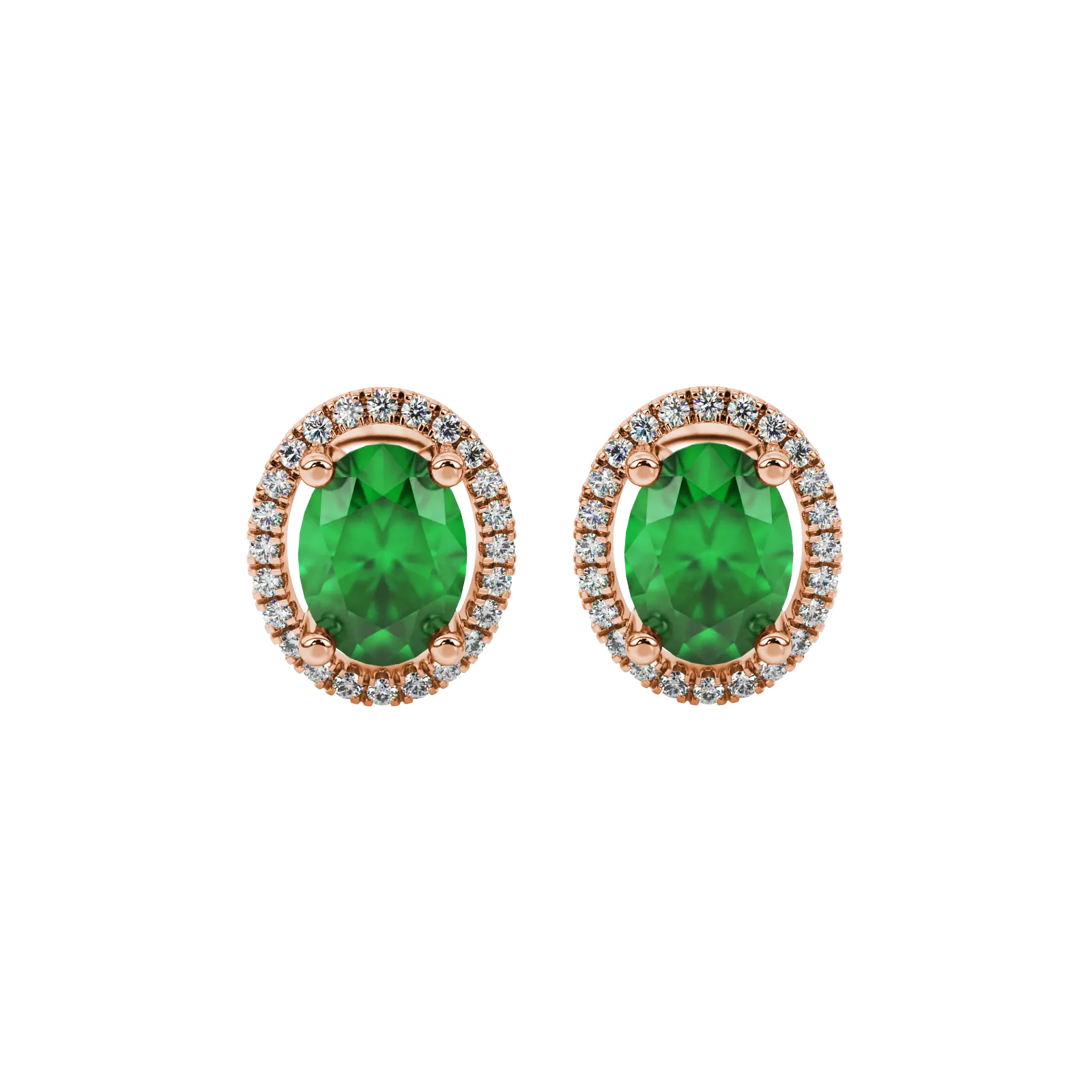 Oval cut emerald green gemstone earrings, rose gold french pavé halo setting.