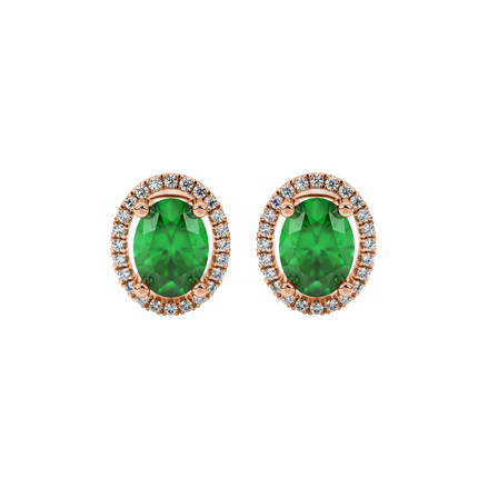 Oval cut emerald green gemstone earrings, rose gold french pavé halo setting.