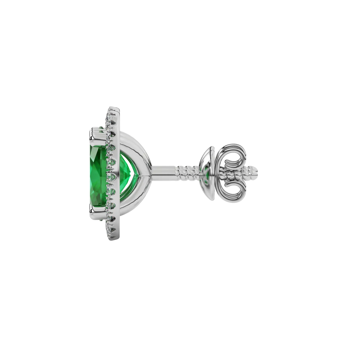 Side profile, white gold emerald green earrings, french pavé halo gallery.