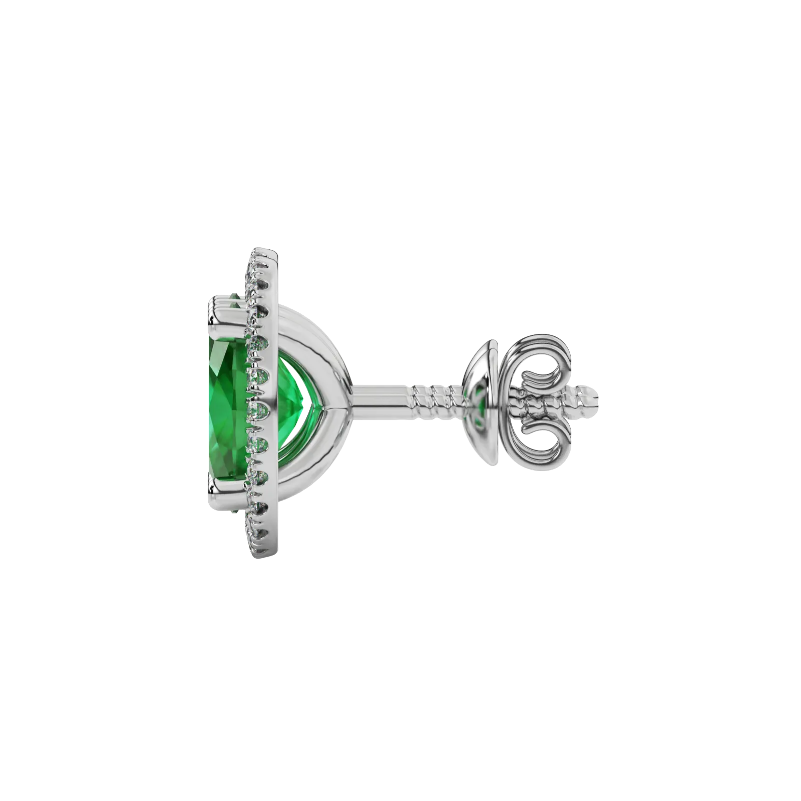 Side profile, white gold emerald green earrings, french pavé halo gallery.