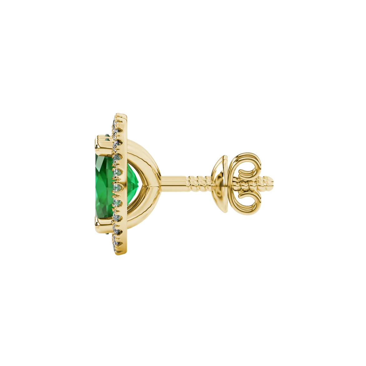 Side profile, yellow gold emerald green earrings, french pavé halo gallery.