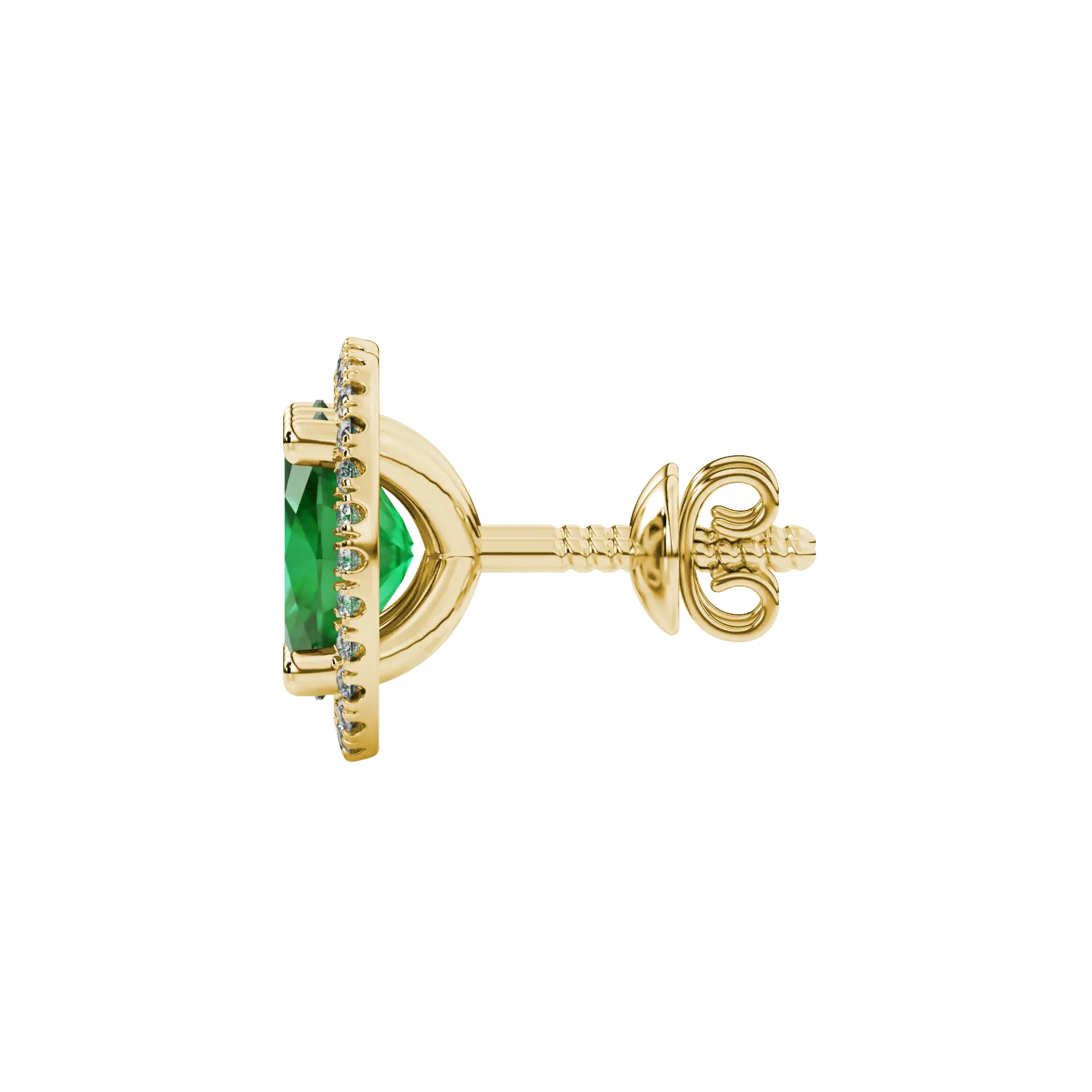 Side profile, yellow gold emerald green earrings, french pavé halo gallery.