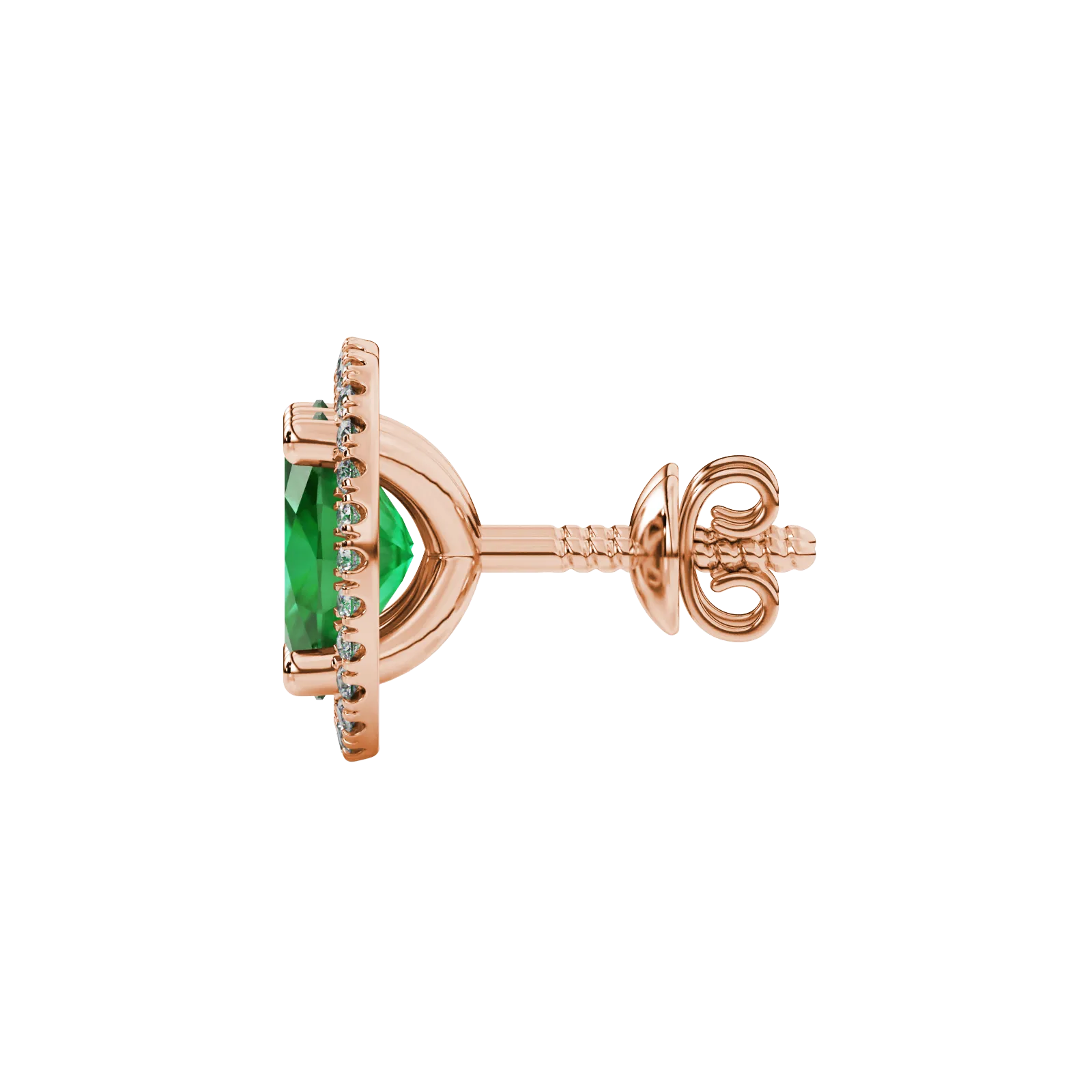 Side profile, rose gold emerald green earrings, french pavé halo gallery.