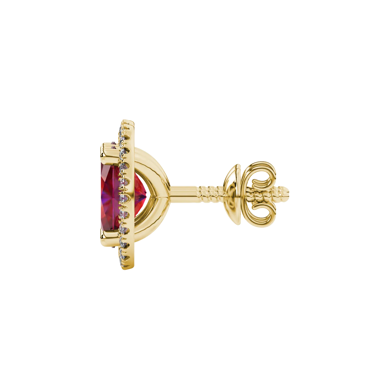 Side profile, yellow gold raspberry red earrings, french pavé halo gallery.