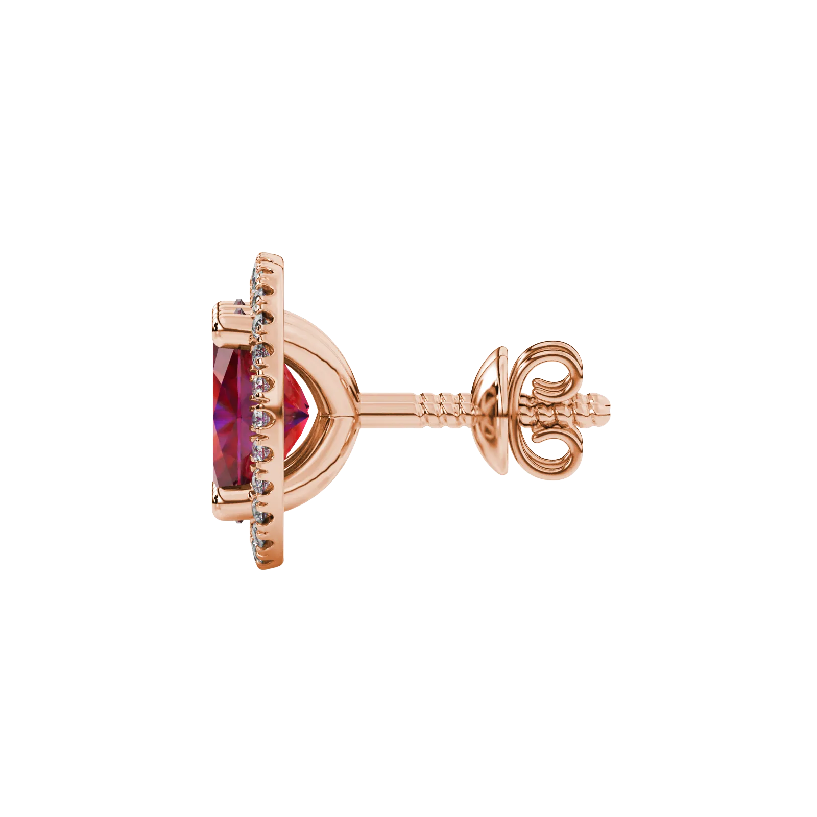 Side profile, rose gold raspberry red earrings, french pavé halo gallery.