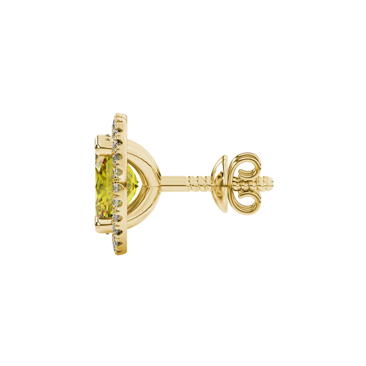 Side profile, yellow gold canary yellow earrings, french pavé halo gallery.