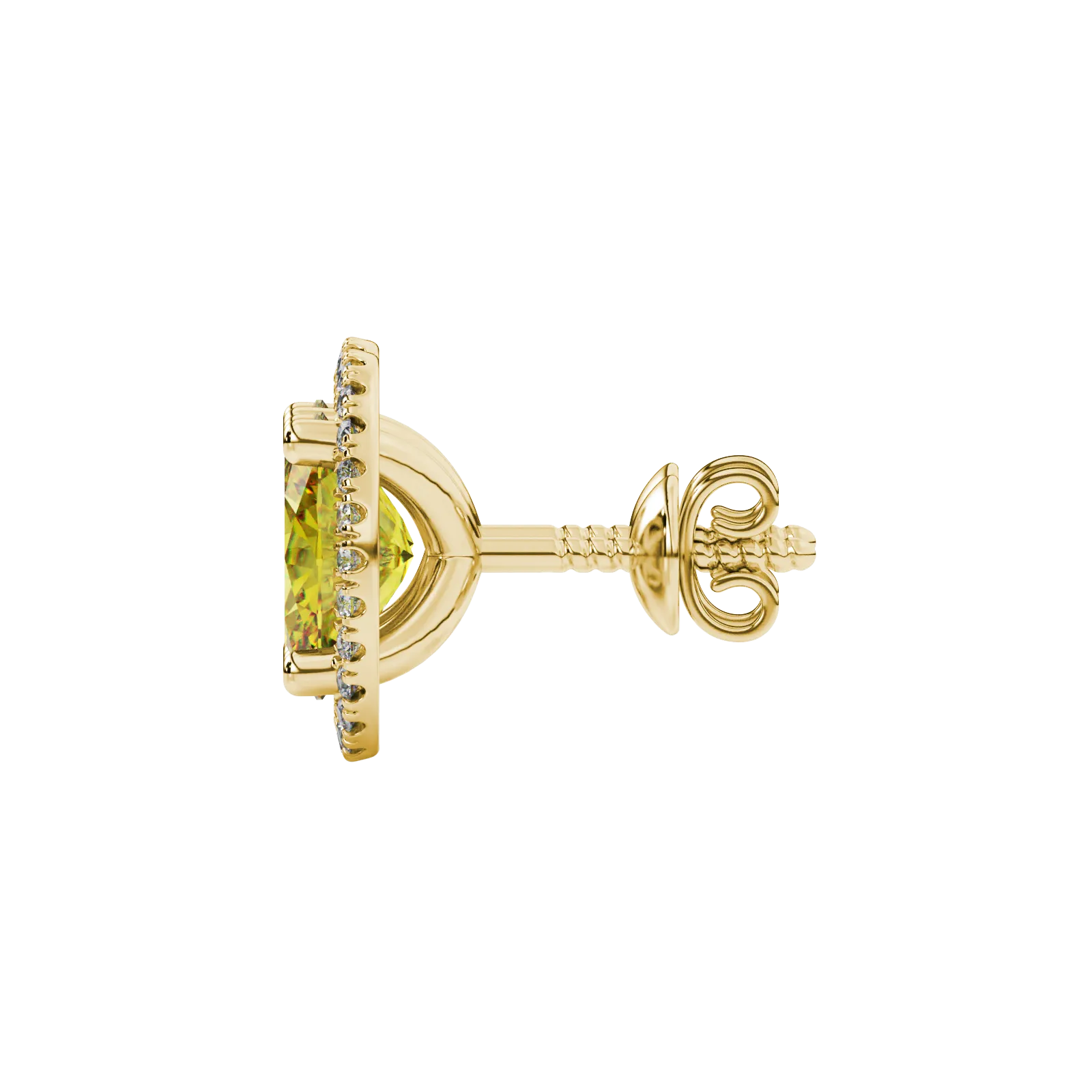 Side profile, yellow gold canary yellow earrings, french pavé halo gallery.