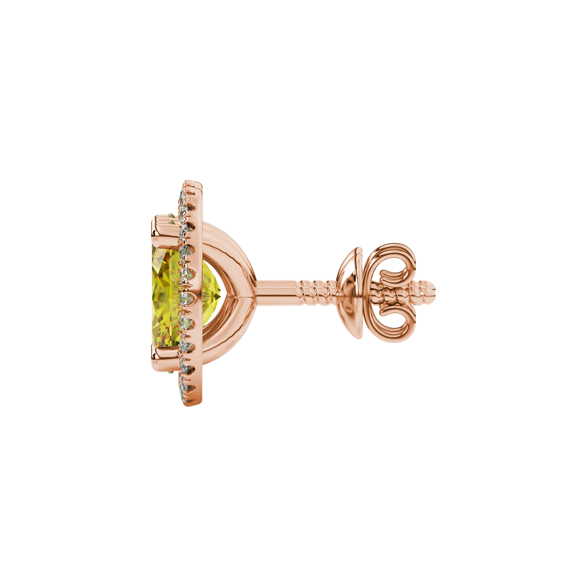 Side profile, rose gold canary yellow earrings, french pavé halo gallery.