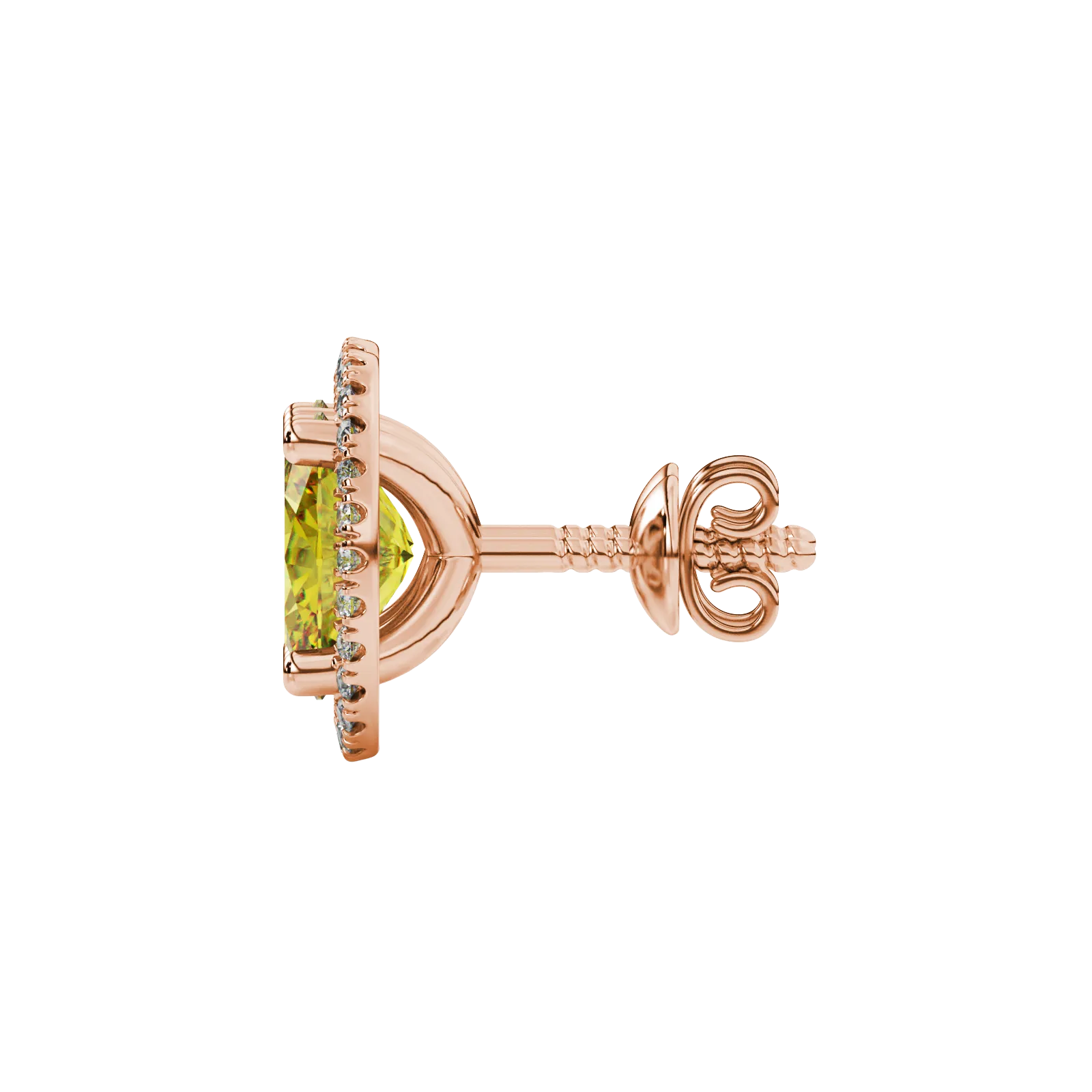 Side profile, rose gold canary yellow earrings, french pavé halo gallery.