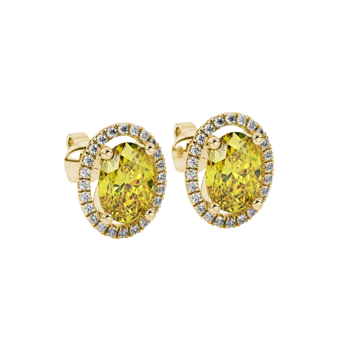 Close-up, oval cut canary yellow gemstone, yellow gold french pavé halo earrings.