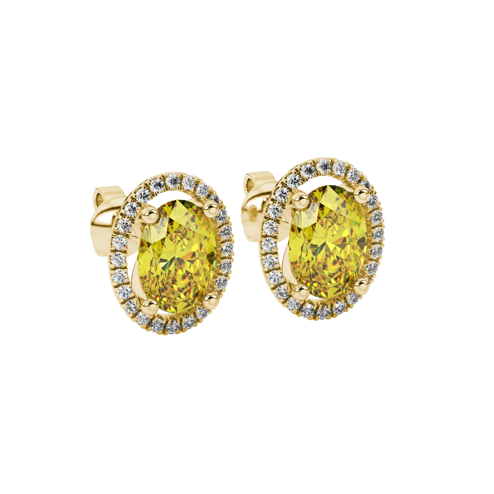 Close-up, oval cut canary yellow gemstone, yellow gold french pavé halo earrings.