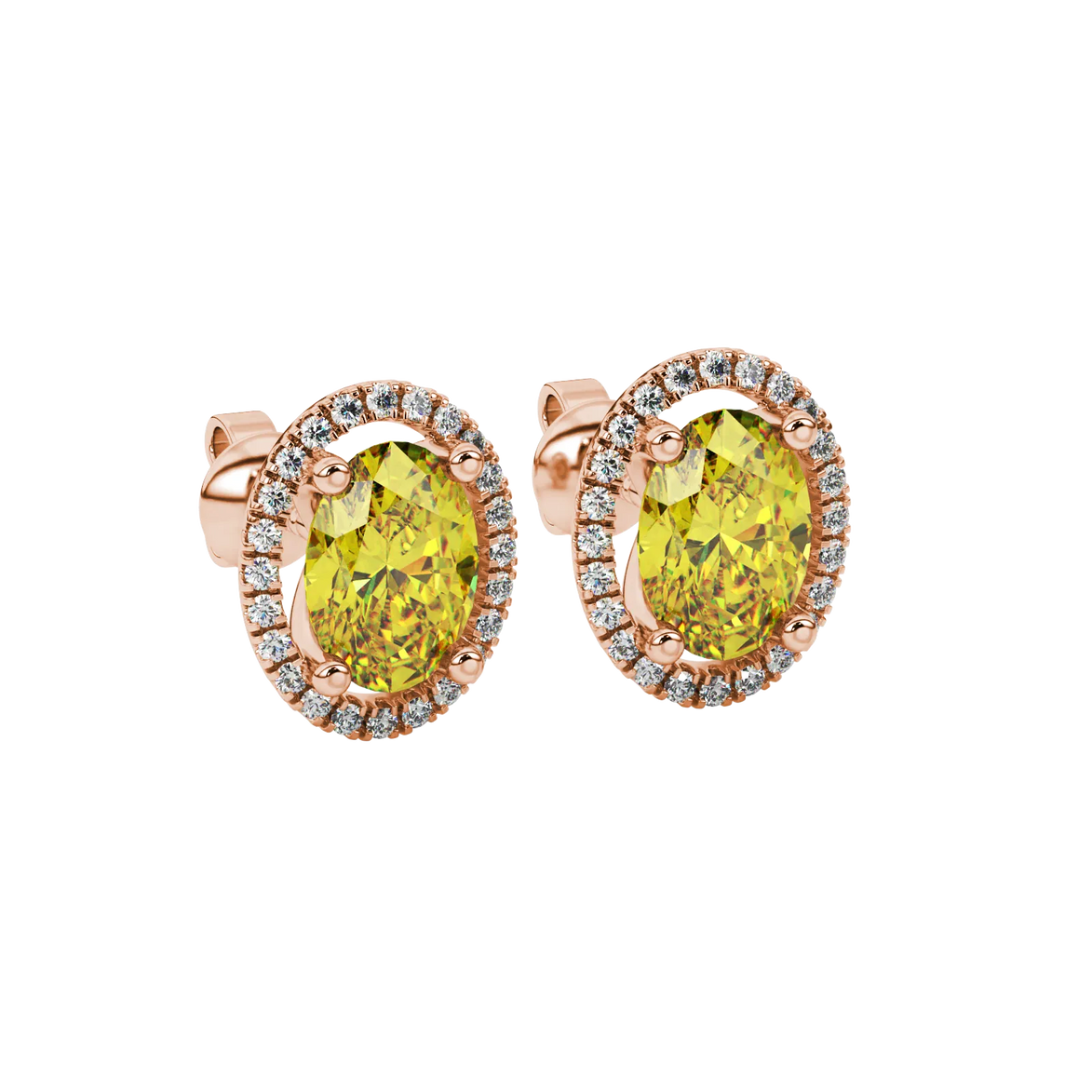 Close-up, oval cut canary yellow gemstone earrings, rose gold french pavé halo.