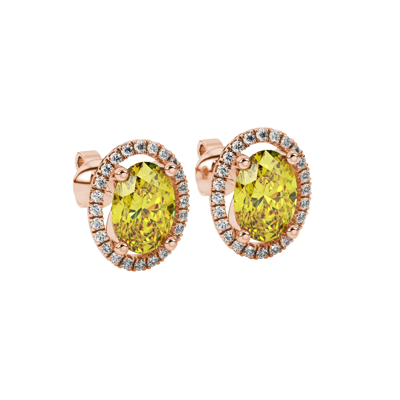 Close-up, oval cut canary yellow gemstone earrings, rose gold french pavé halo.