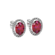 Close-up raspberry red gemstone earing, white gold french pavé halo.