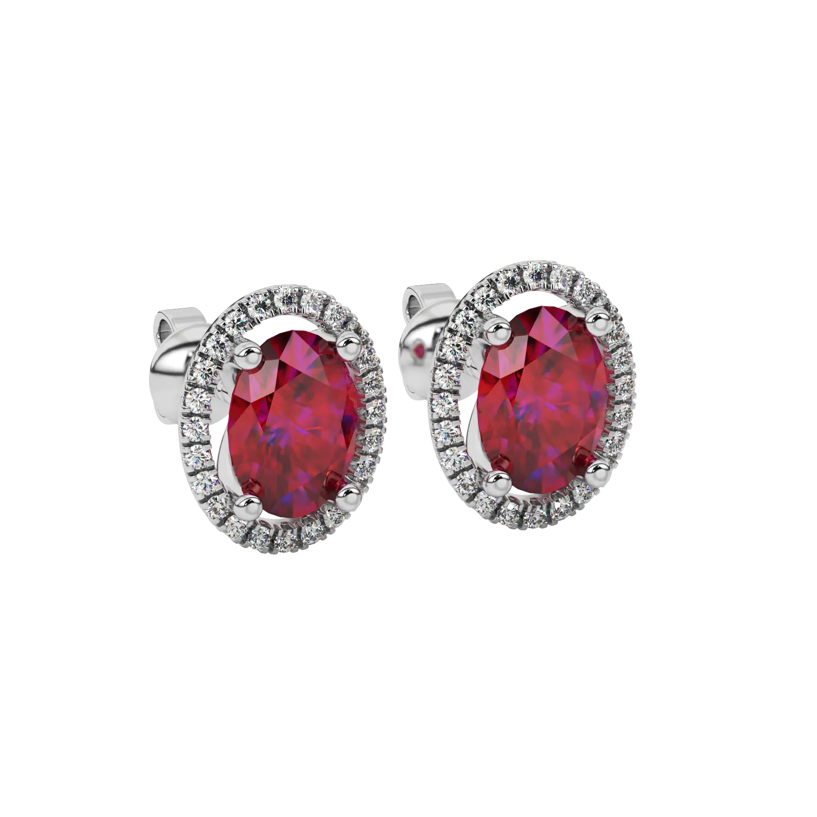Close-up raspberry red gemstone earing, white gold french pavé halo.
