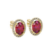 Close-up, oval cut raspberry red gemstone, yellow gold french pavé halo earrings.