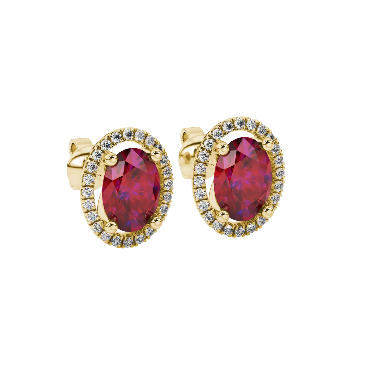 Close-up, oval cut raspberry red gemstone, yellow gold french pavé halo earrings.
