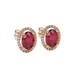 Close-up, oval cut raspberry red gemstone earrings, rose gold french pavé halo