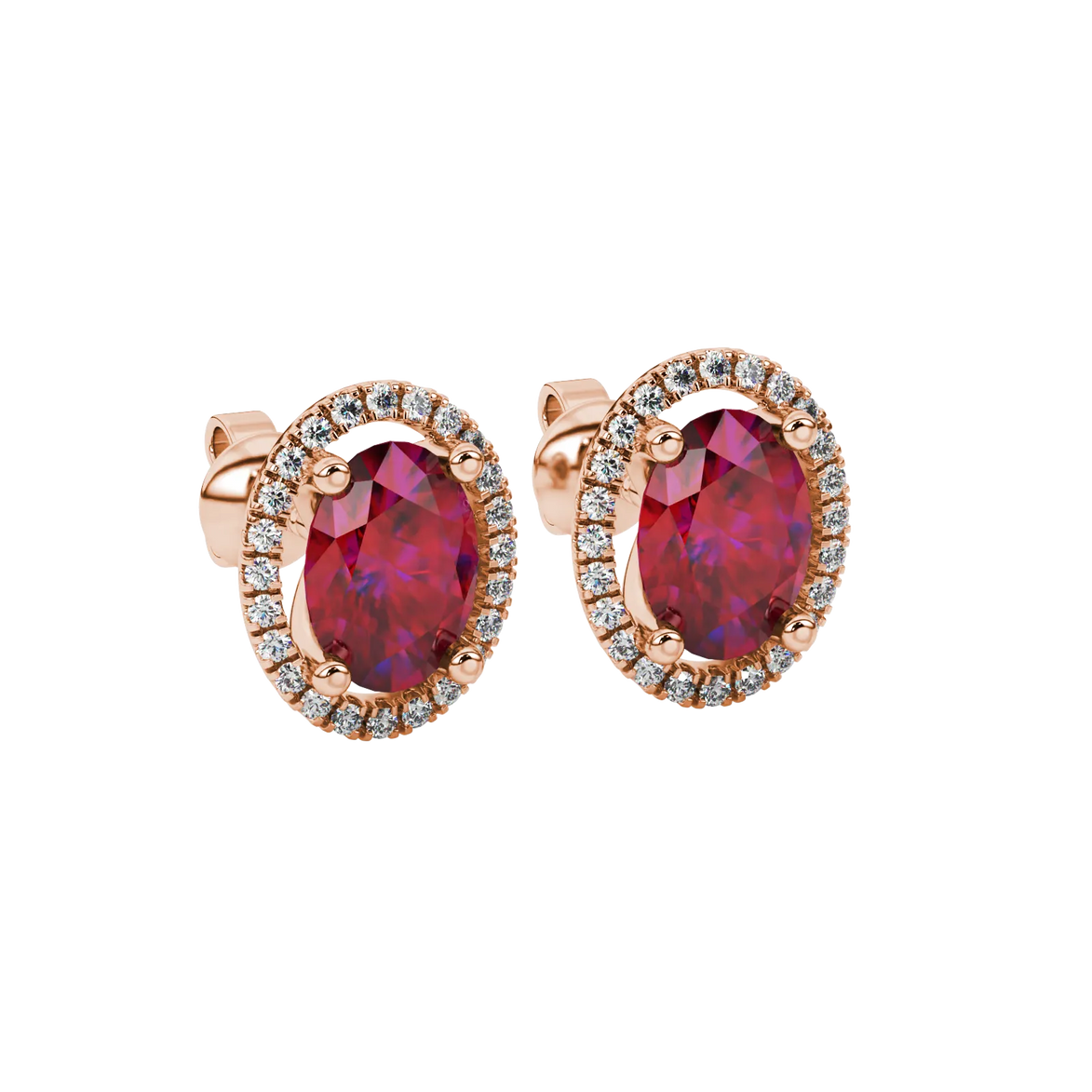 Close-up, oval cut raspberry red gemstone earrings, rose gold french pavé halo