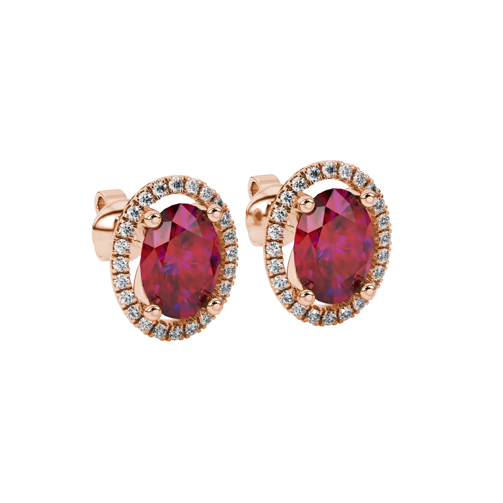 Close-up, oval cut raspberry red gemstone earrings, rose gold french pavé halo