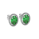 Close-up emerald green gemstone earing, white gold french pavé halo.