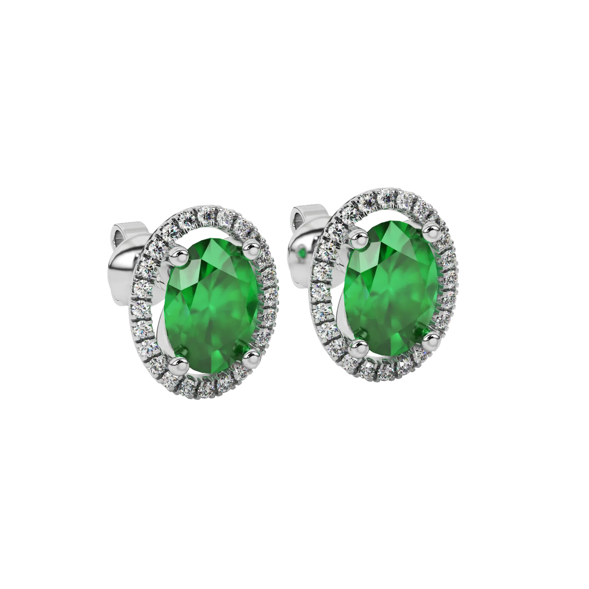 Close-up emerald green gemstone earing, white gold french pavé halo.
